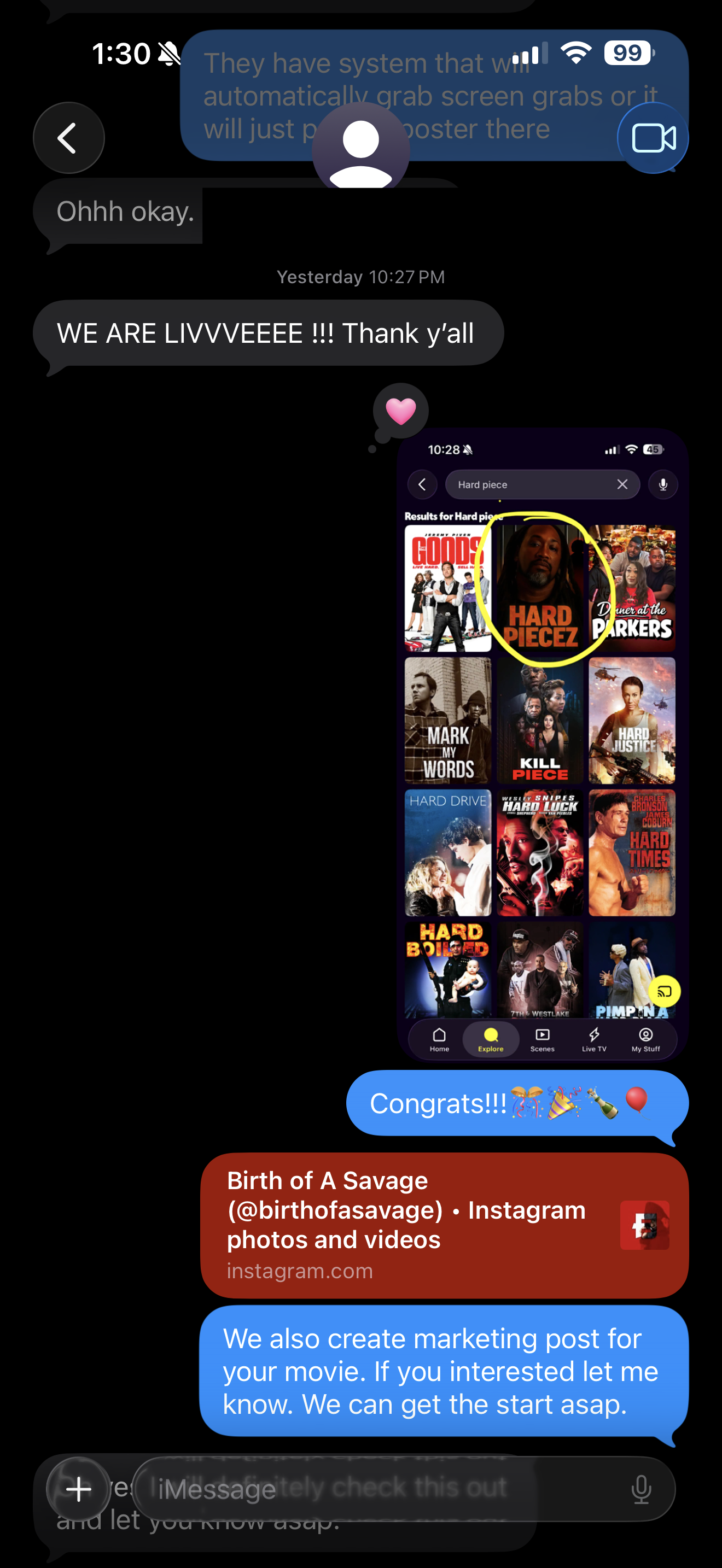 Filmmaker texting WE ARE LIVVVEEEE when Hard Piecez went live on TUBI