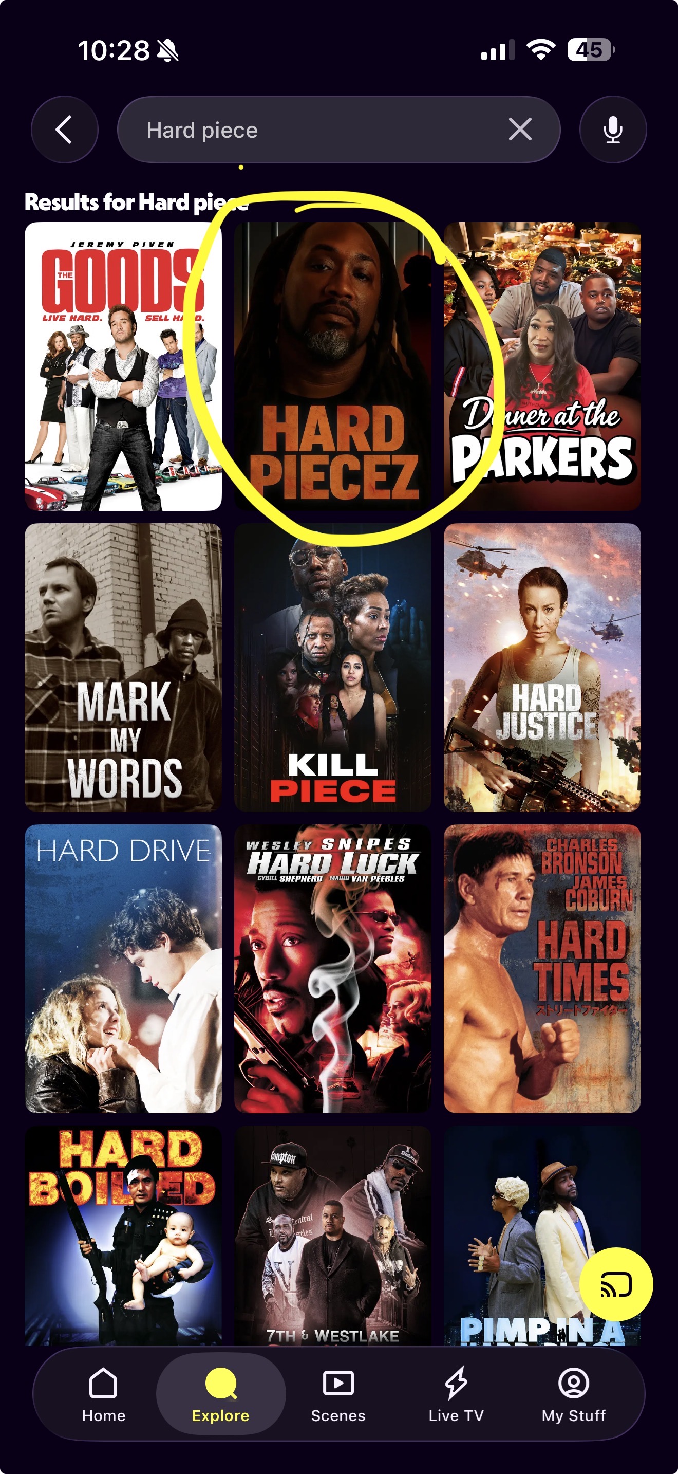 Hard Piecez showing on TUBI search results alongside major titles